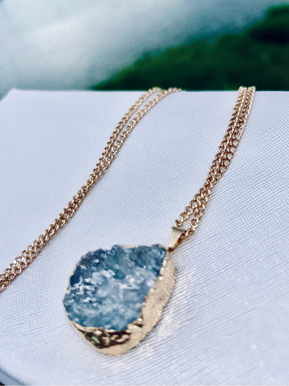 Gold Chain Necklace with Blue Drusy Pendant New